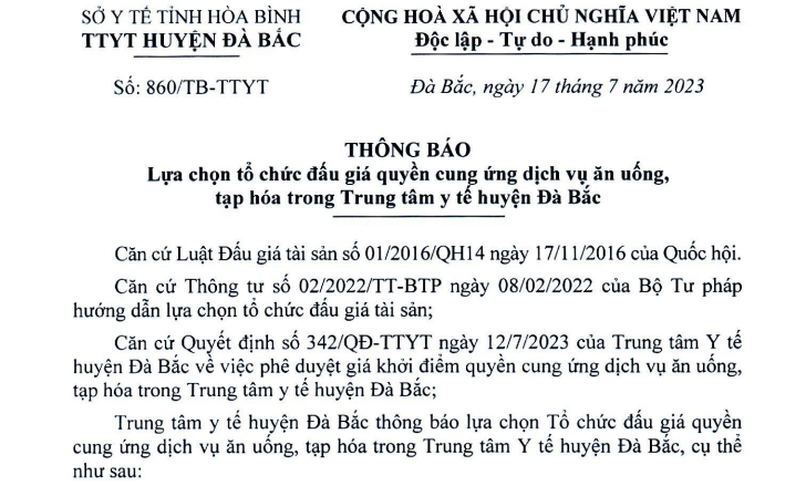 TB lựa chọn tổ chức đấu giá quyền cung ứng dịch vụ ăn uống của TTYT Đà Bắc