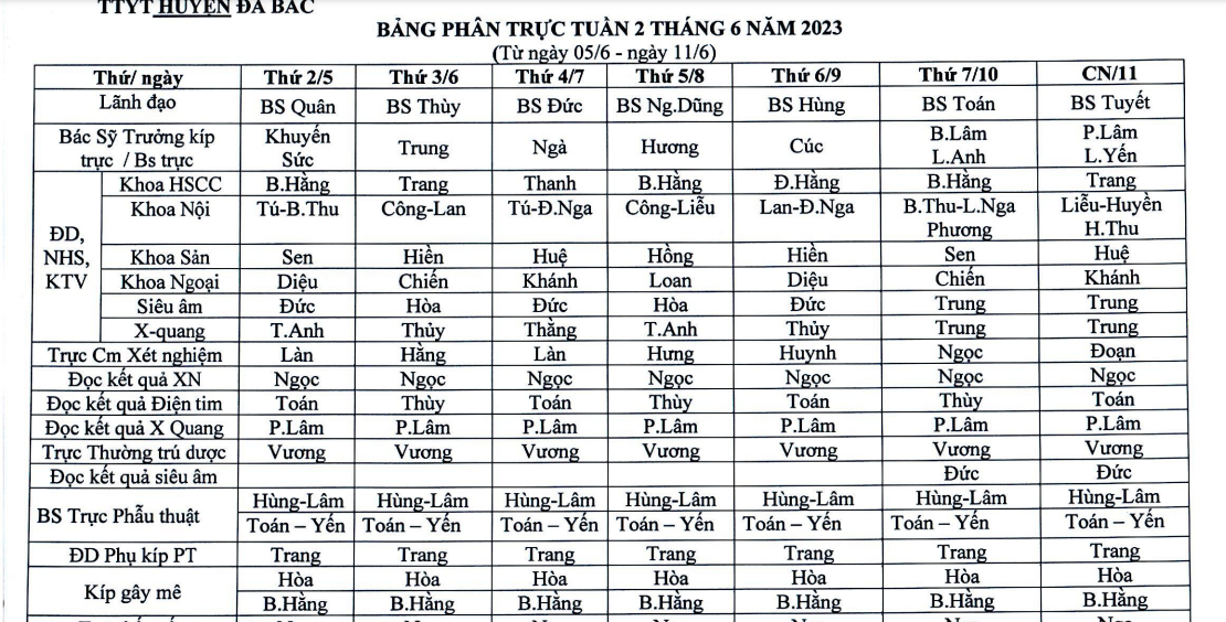 Lịch trực tuần 2 tháng 6