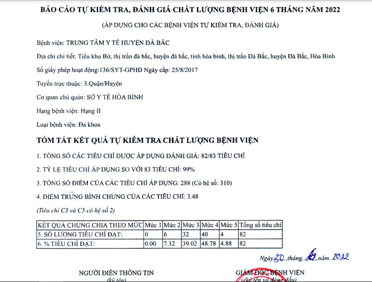 Báo cáo tự kiểm tra chất lượng bệnh viện 6 tháng 2022