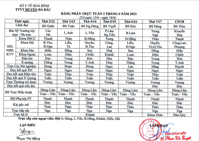 Lịch trưc tuần 3 tháng 6 năm 2023