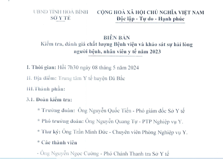 Biên bản kiểm tra đánh giá chất lượng bệnh viện và khảo sát sự hài lòng người bệnh, nhân viên y tế năm 2023